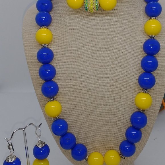 Necklace | Bracelet | Earring - Blue and Yellow Chunky Statement Set - Picture 3 of 10